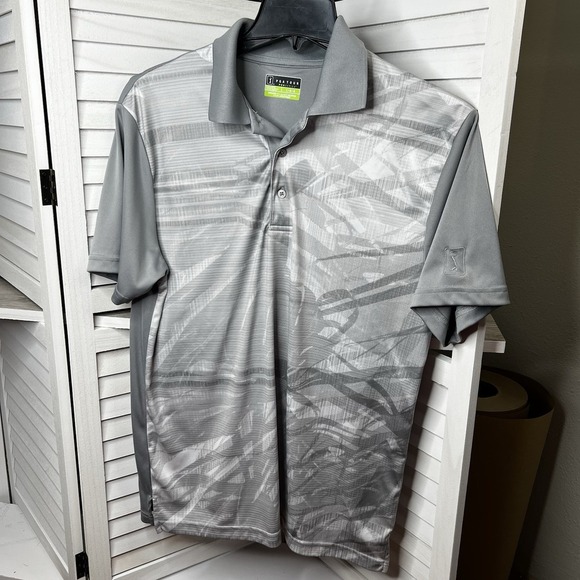 PGA Tour Pro Series Golf Polo Athletic Fit Gray & White Palm Leaf Print Men's Lg - Picture 1 of 6
